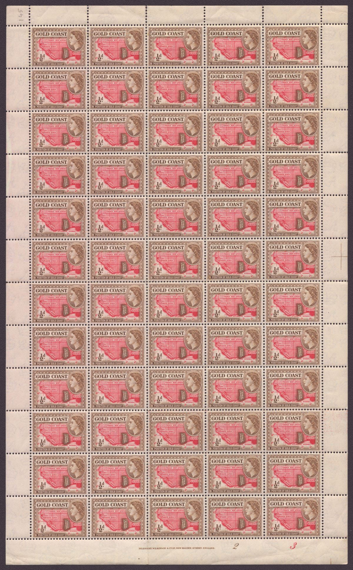 Gold Coast 1952 Queen Elizabeth II ½d Full Sheets of 60 Plate No Selection Mint