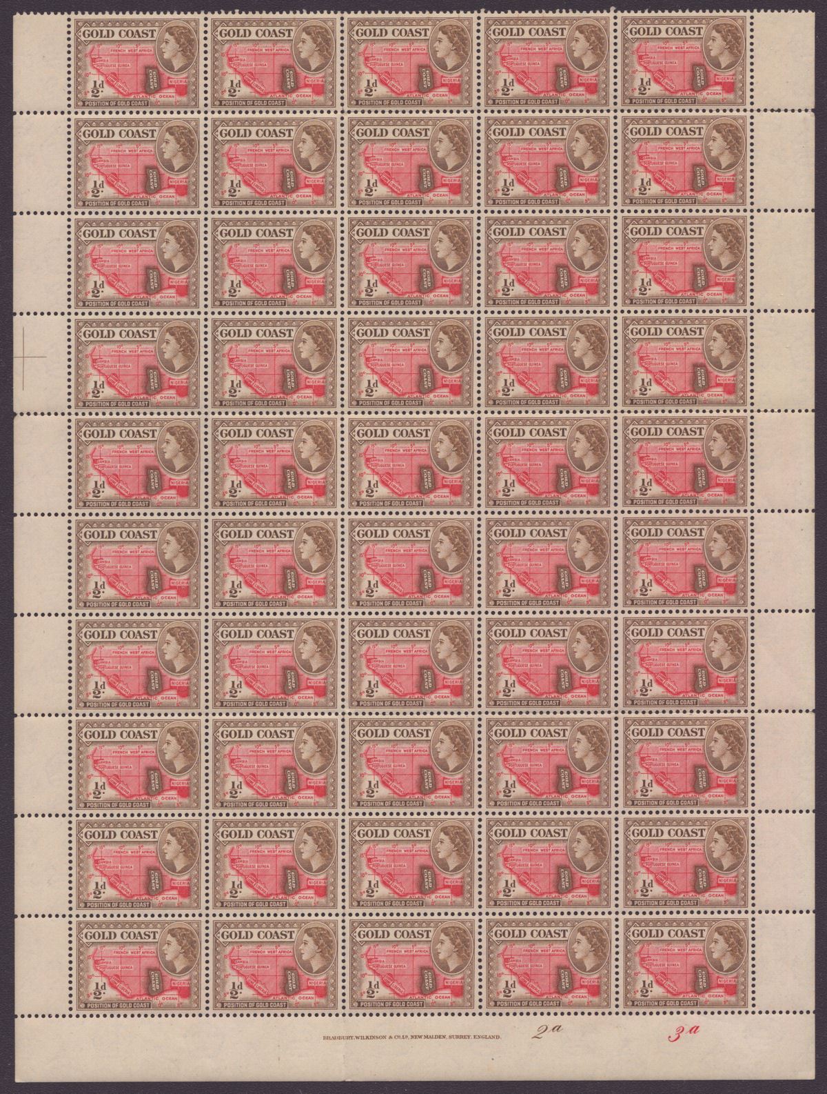 Gold Coast 1952 Queen Elizabeth II ½d Full Sheets of 60 Plate No Selection Mint