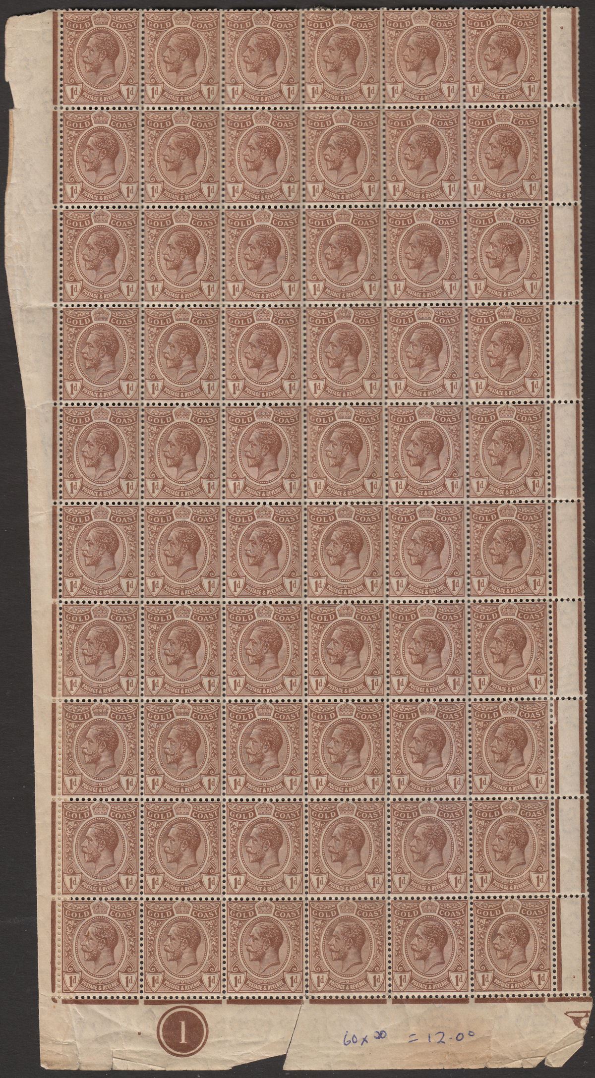 Gold Coast 1922 KGV 1d Chocolate-Brown Plate 1 Block of 60 Mint SG87 FAULTS