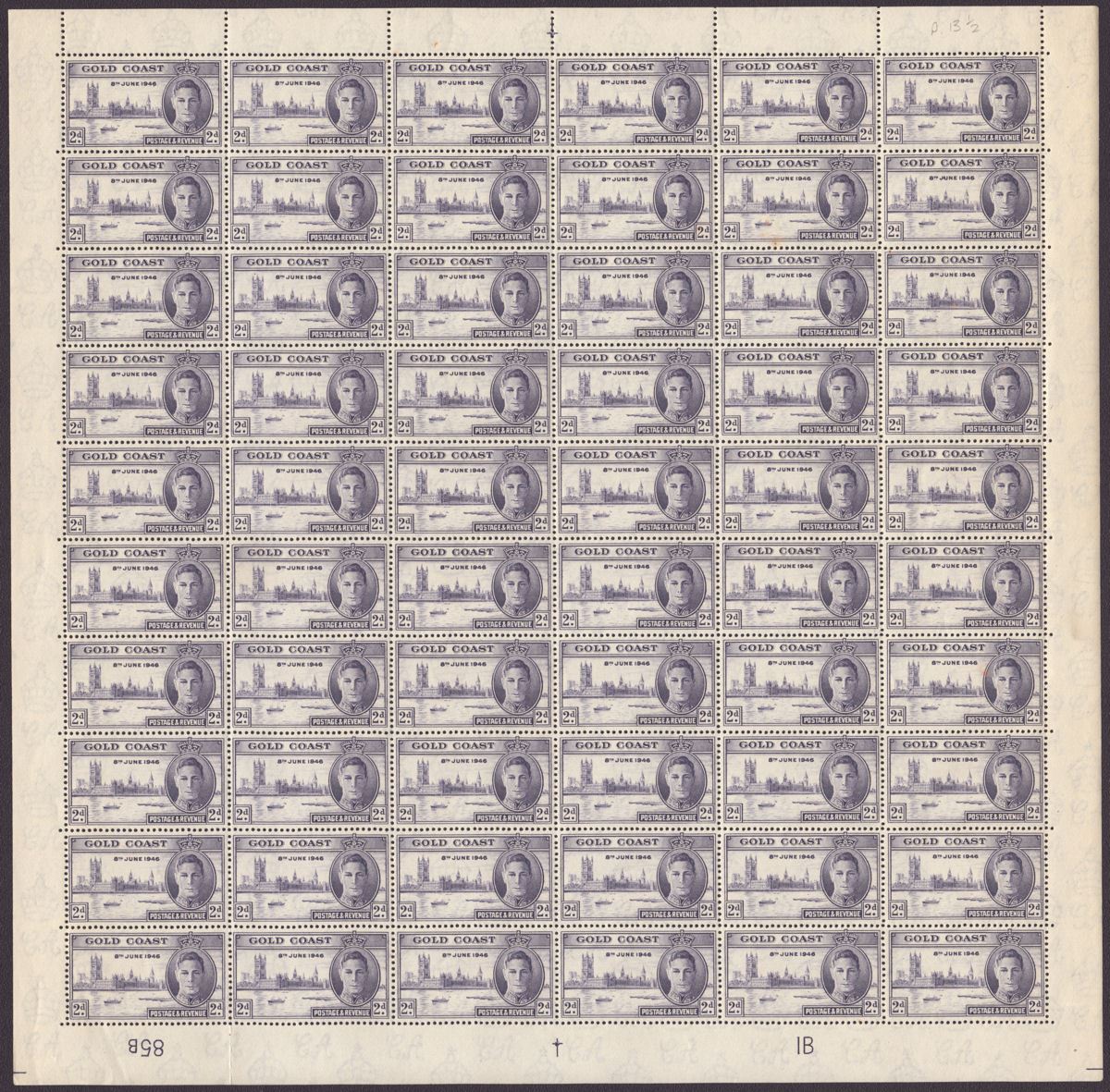 Gold Coast 1946 KGVI Victory 2d Plate 1B, 4d Plate 1 Full Sheet Mint SG133a-134a
