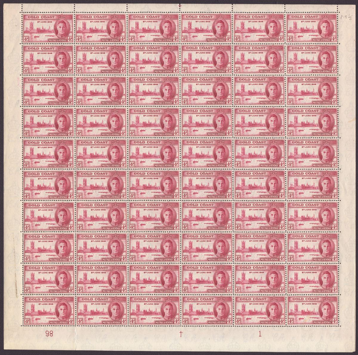 Gold Coast 1946 KGVI Victory 2d Plate 1B, 4d Plate 1 Full Sheet Mint SG133a-134a