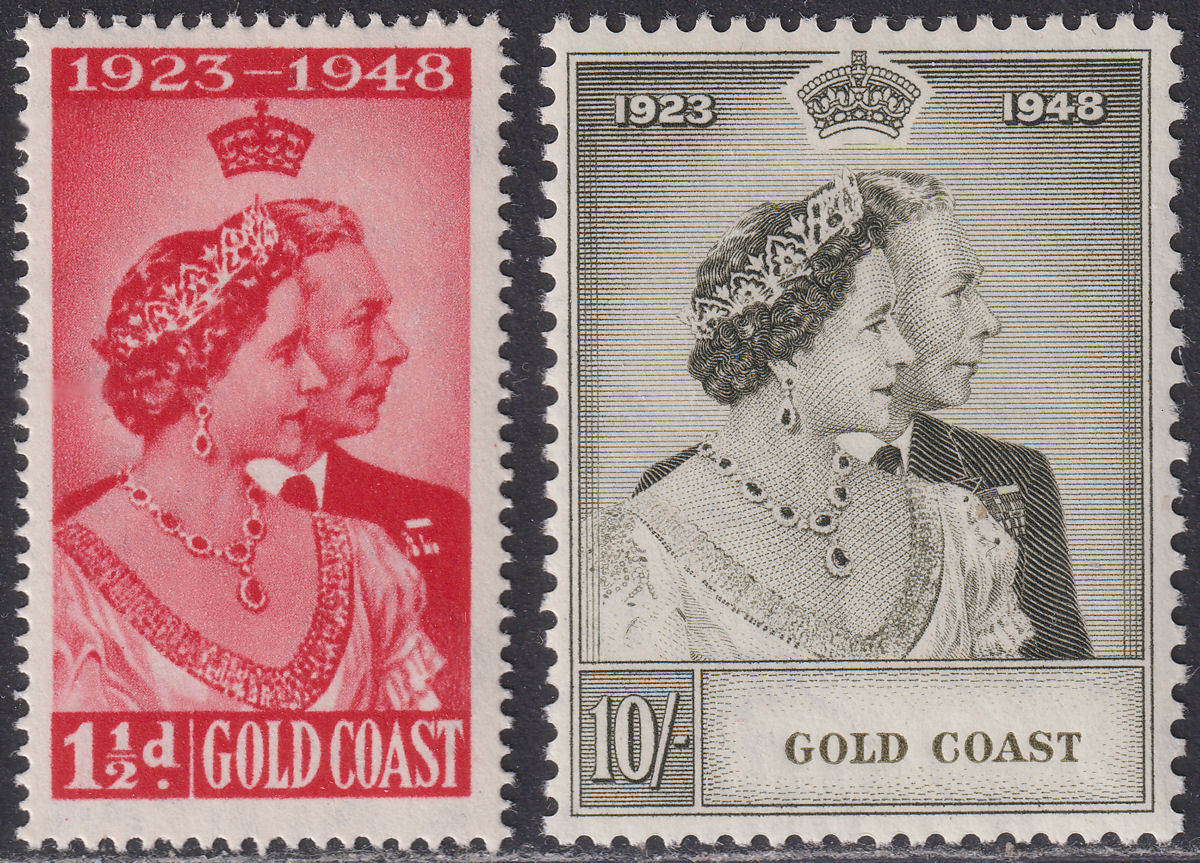 Gold Coast 1948 KGVI Royal Silver Wedding 1½d, 10sh Mint SG147-148 cat £38
