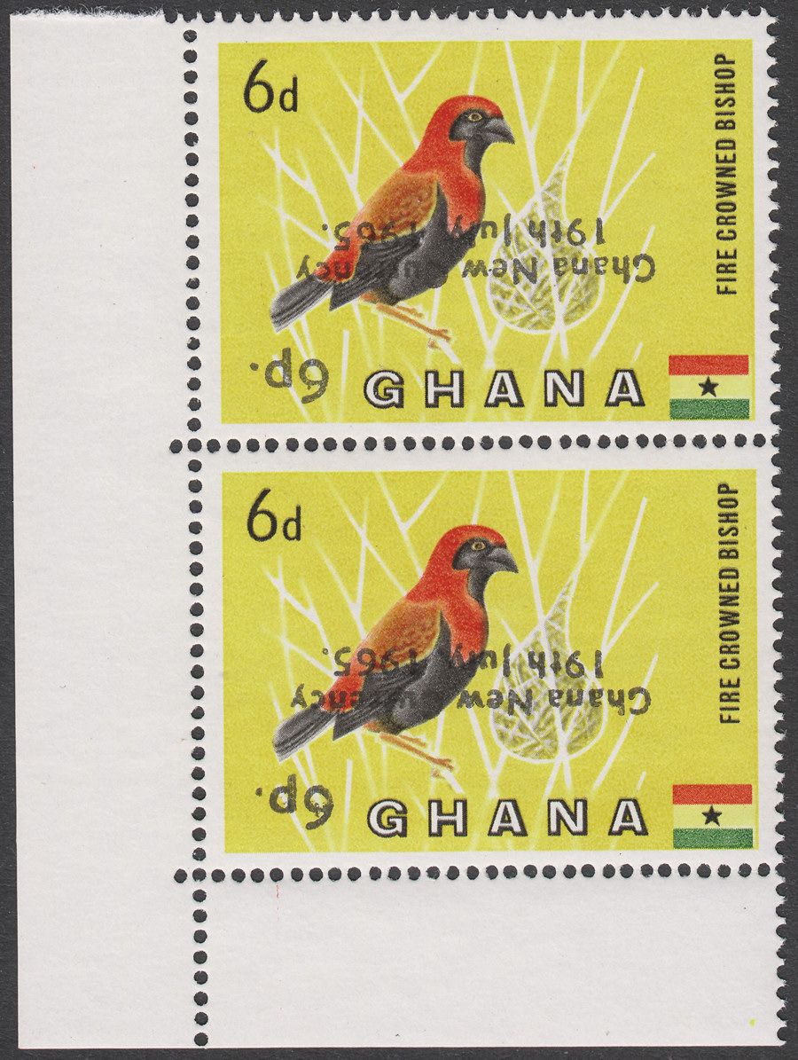 Ghana 1965 New Currency 6p on 6d Surcharge Inverted Corner Pair Mint SG385a