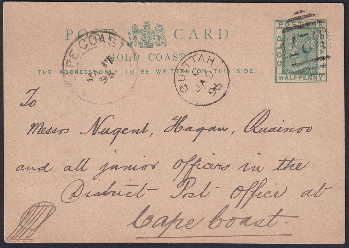 Gold Coast 1895 QV ½d Green Postal Stat Postcard Used B32 QUITTAH - Cape Coast