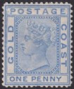 Click for more photos and details Gold Coast 1876 QV 1d Blue perf 14 Mint SG5 cat £55 SERIOUS TEAR