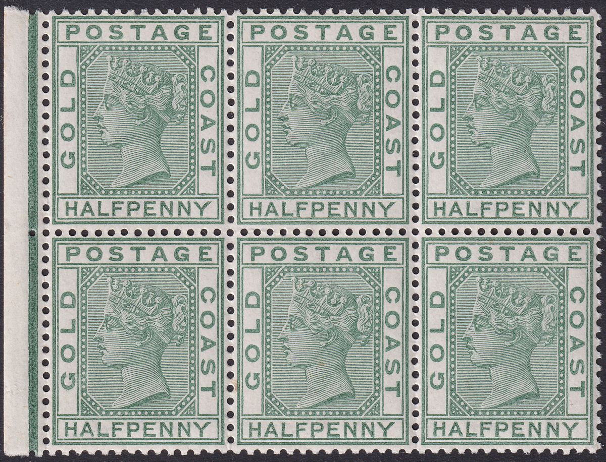 Gold Coast 1884 QV ½d Dull Green Marginal Block of 6 Mint SG11a cat £30