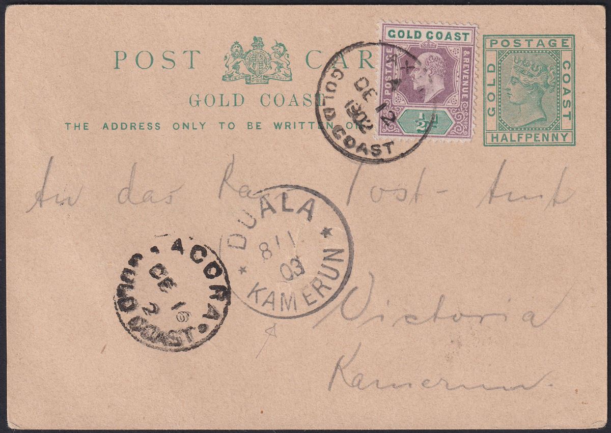 Gold Coast 1902 KEVII ½d Uprating QV ½d P Stat Postcard Used Axim to Cameroon