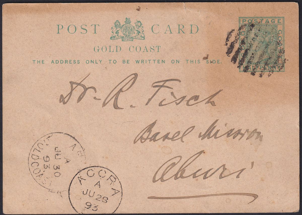 Gold Coast 1893 QV ½d Green Postal Stationery Postcard Accra to Aburi