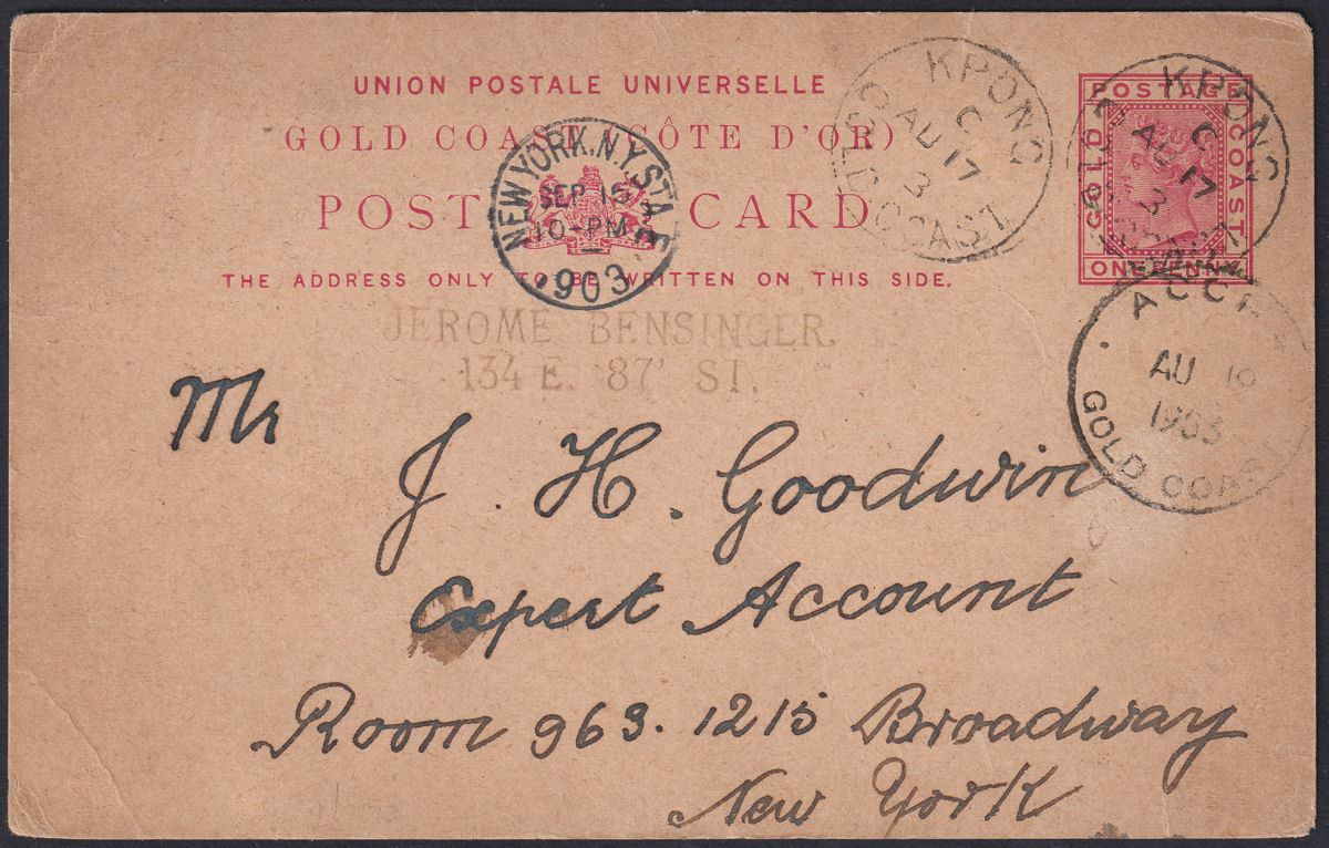 Gold Coast 1903 QV 1d Red Postal Stationery Postcard Used Kpong to USA