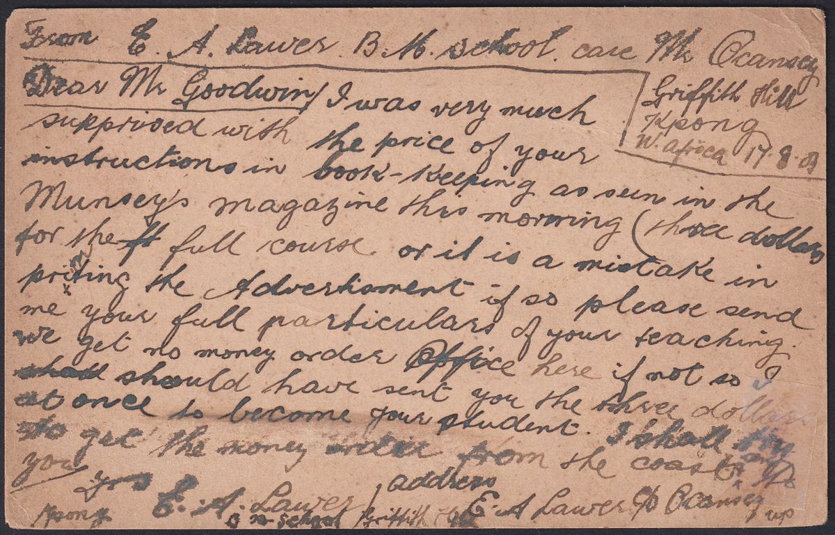 Gold Coast 1903 QV 1d Red Postal Stationery Postcard Used Kpong to USA