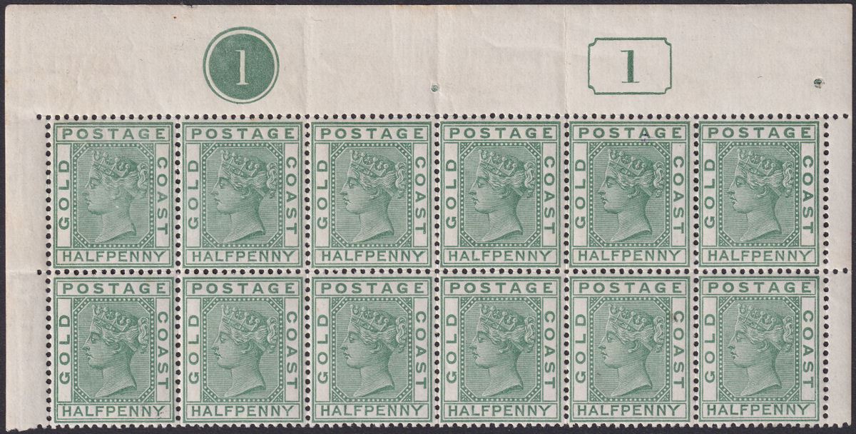 Gold Coast 1884 QV ½d Green Plate 1 Marginal Block of 10 Mint SG11 cat £50+
