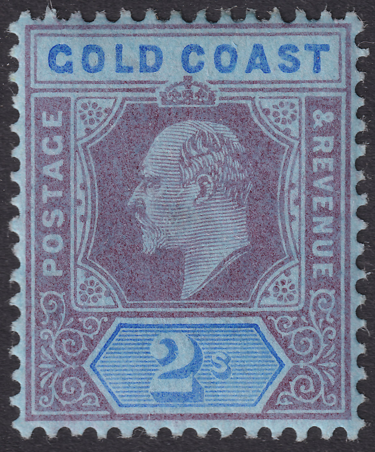 Gold Coast 1910 KEVII 2sh Purple + Blue on Blue Ord Repaired Frame Var Mint SG66
