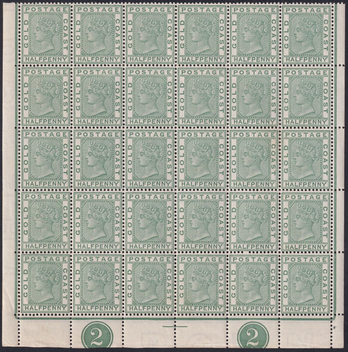 Gold Coast 1884 QV ½d Dl Green Plate 2 Marginal Block of 30 Mint SG11a cat £150+