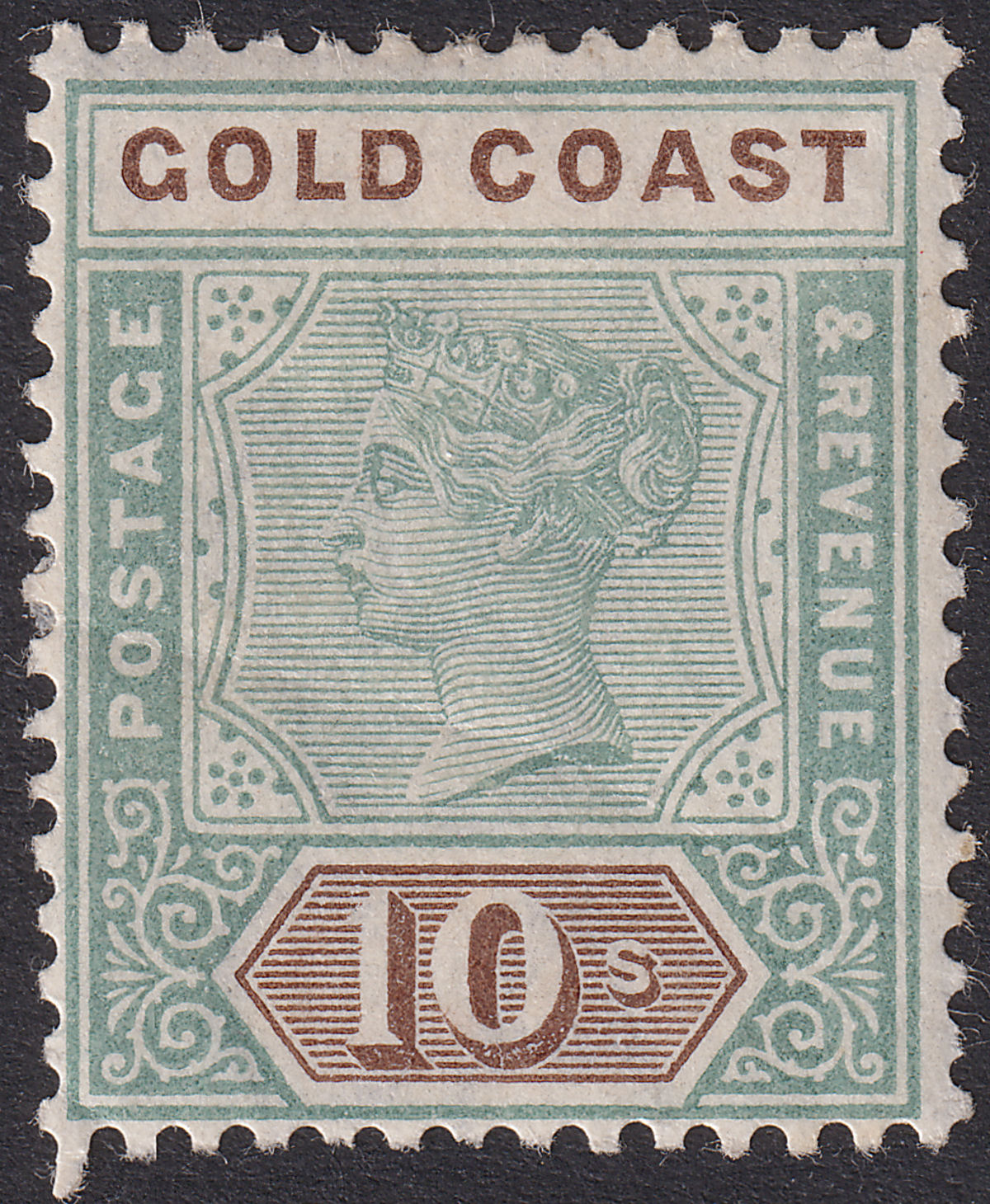 Gold Coast 1900 QV 10sh Green and Brown Mint SG34 cat £250 with bend