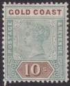 Click for more photos and details Gold Coast 1900 QV 10sh Green and Brown Mint SG34 cat £250 with bend