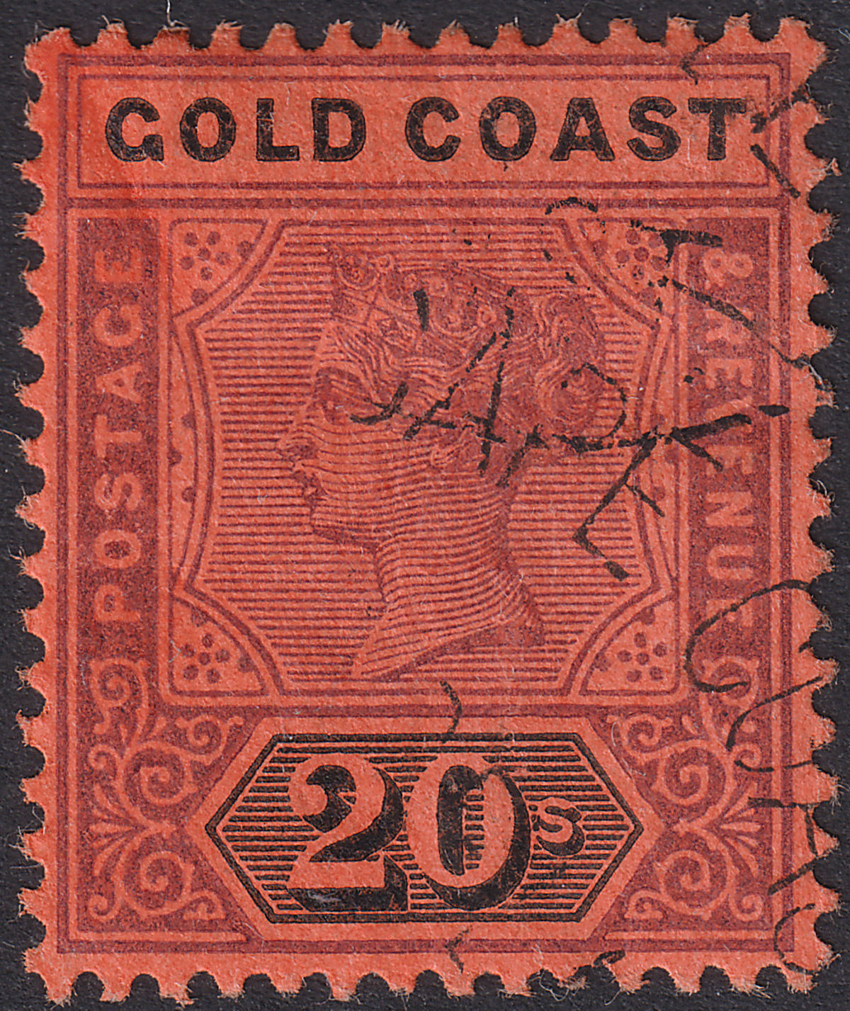 Gold Coast 1894 QV 20sh Dull Mauve and Black on Red Fiscally Used SG25
