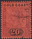 Click for more photos and details Gold Coast 1894 QV 20sh Dull Mauve and Black on Red Fiscally Used SG25