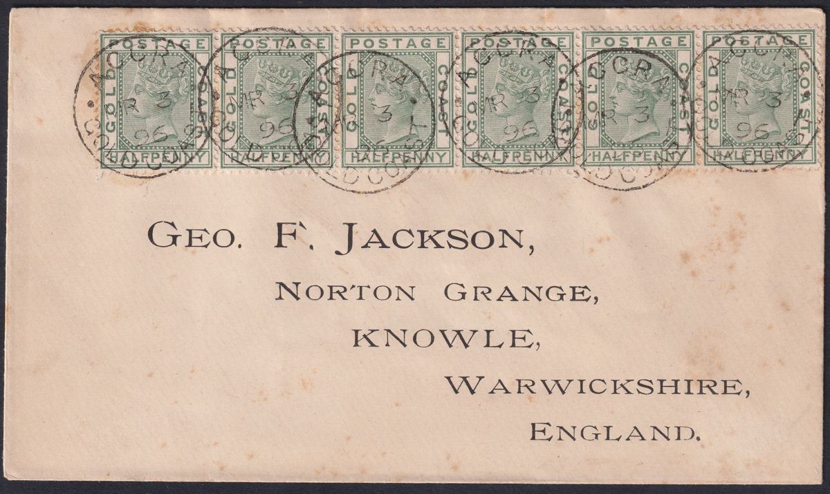 Gold Coast 1896 QV ½d Dull Green Strip of 6 Used SG11a on Cover to UK TONES