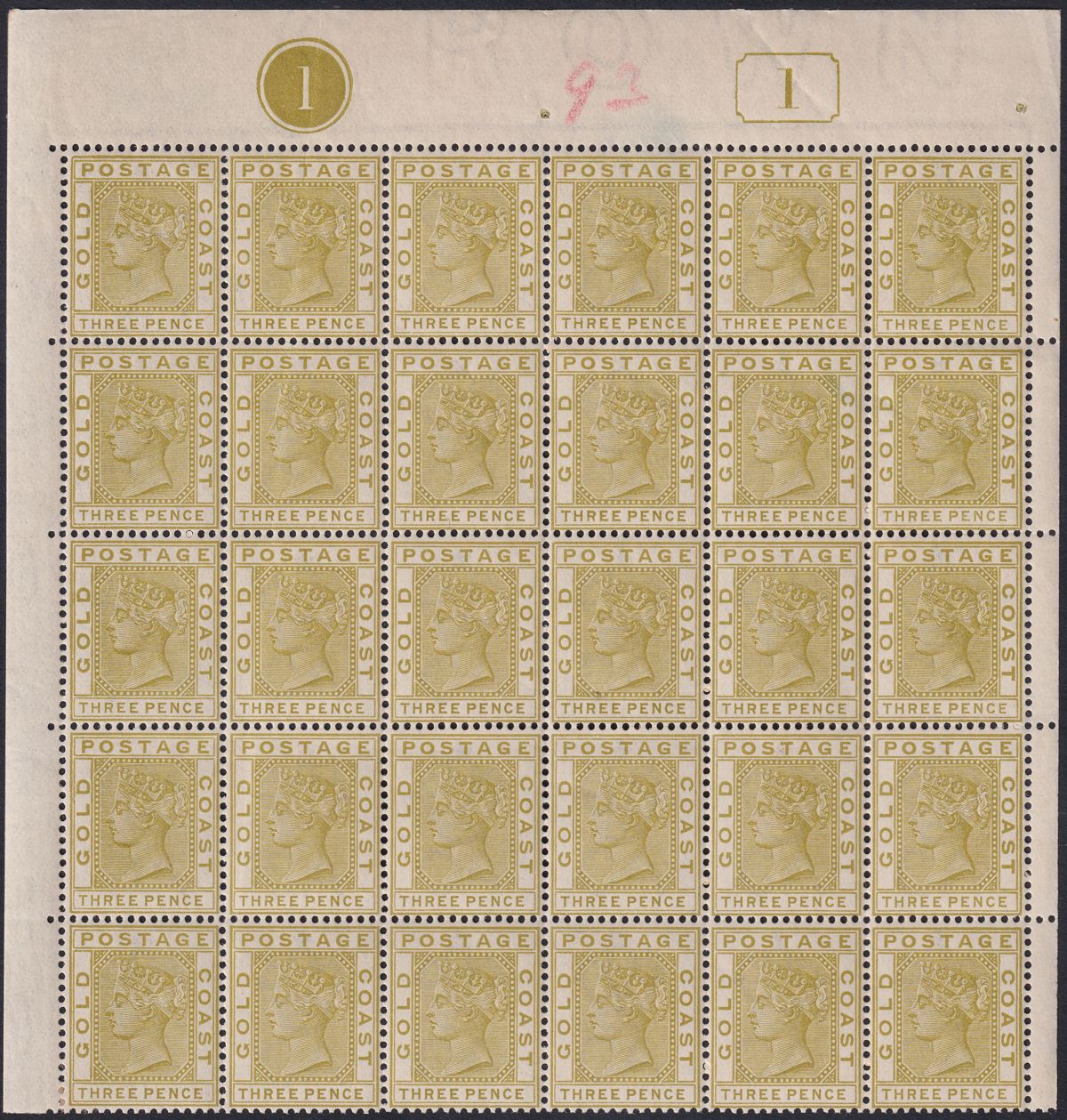 Gold Coast 1884 QV 3d Olive-Yellow Pl 1 Marginal Block of 30 Mint SG15 cat £900+