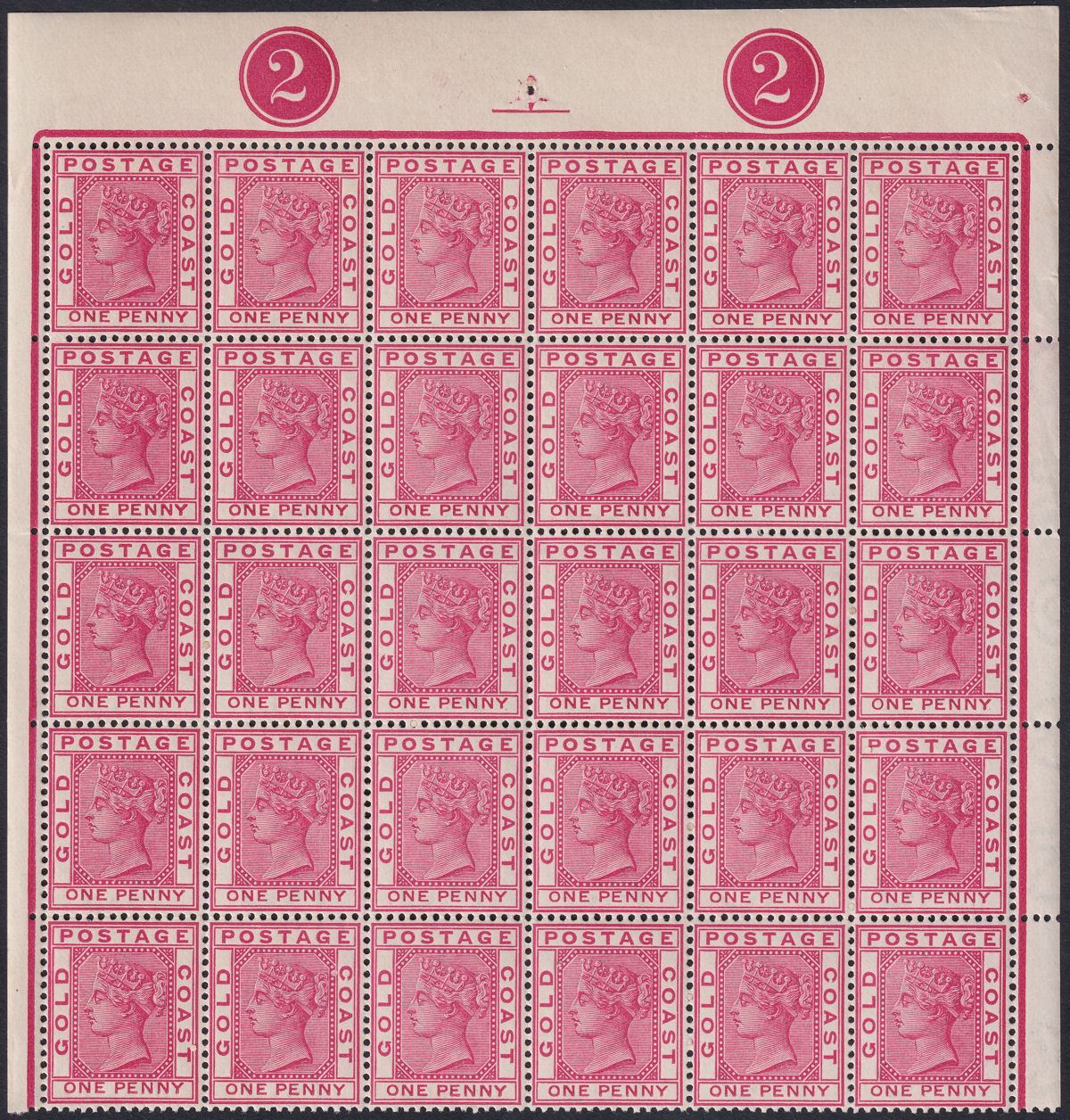 Gold Coast 1884 QV 1d Carmine Plate 2 Marginal Block of 30 Mint SG12a cat £270+