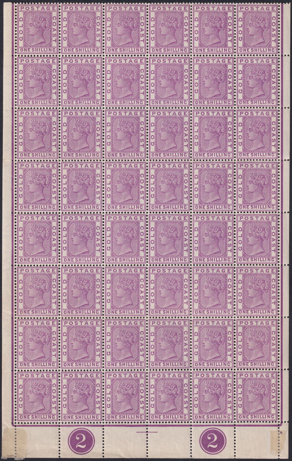 Gold Coast 1888 QV 1sh Bright Mauve Plate 2 Pt Sheet of 48 Mint SG18a cat £860+