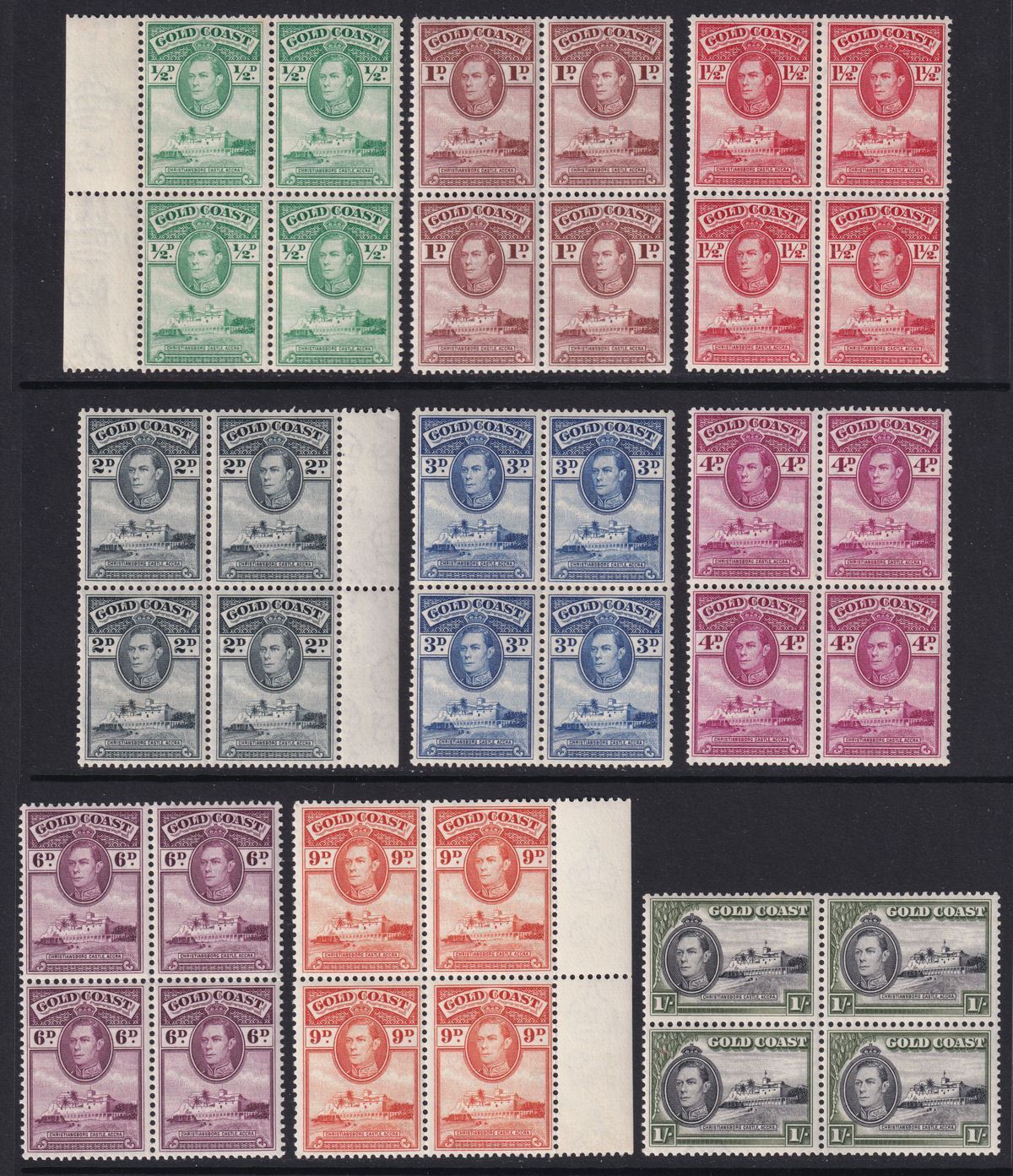 Gold Coast 1939-43 KGVI Christiansborg Castle Block Set Mint SG120a-132 cat £160