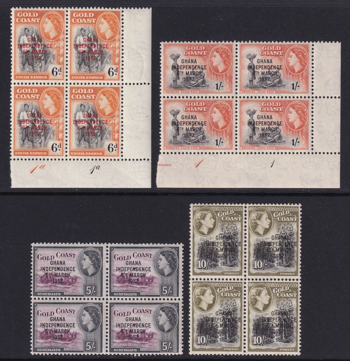 Ghana 1957 Independence Overprint Part Block Set to 10sh Mint