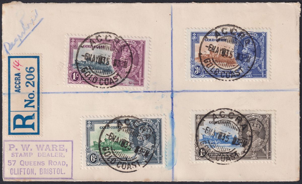 Gold Coast 1935 KGV Silver Jubilee Set Used on First Day Cover w Accra postmarks