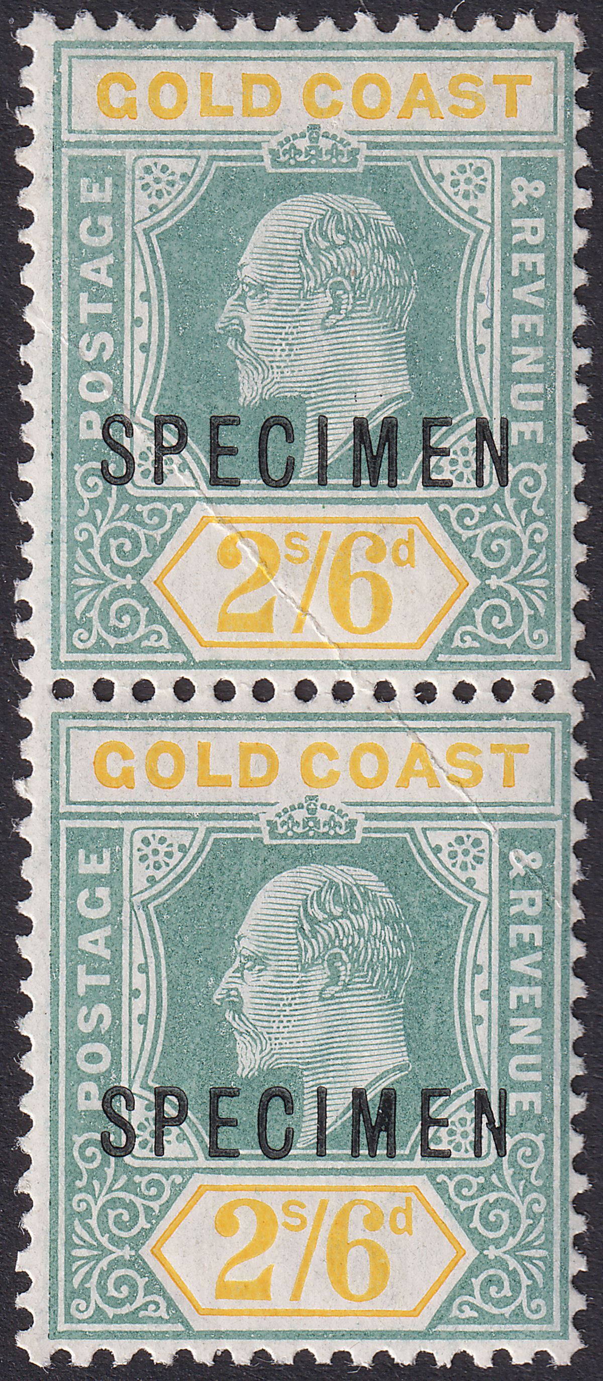 Gold Coast 1906 KEVII SPECIMEN Opt 2sh6d Green + Yellow Pair Mint SG57s cat £90