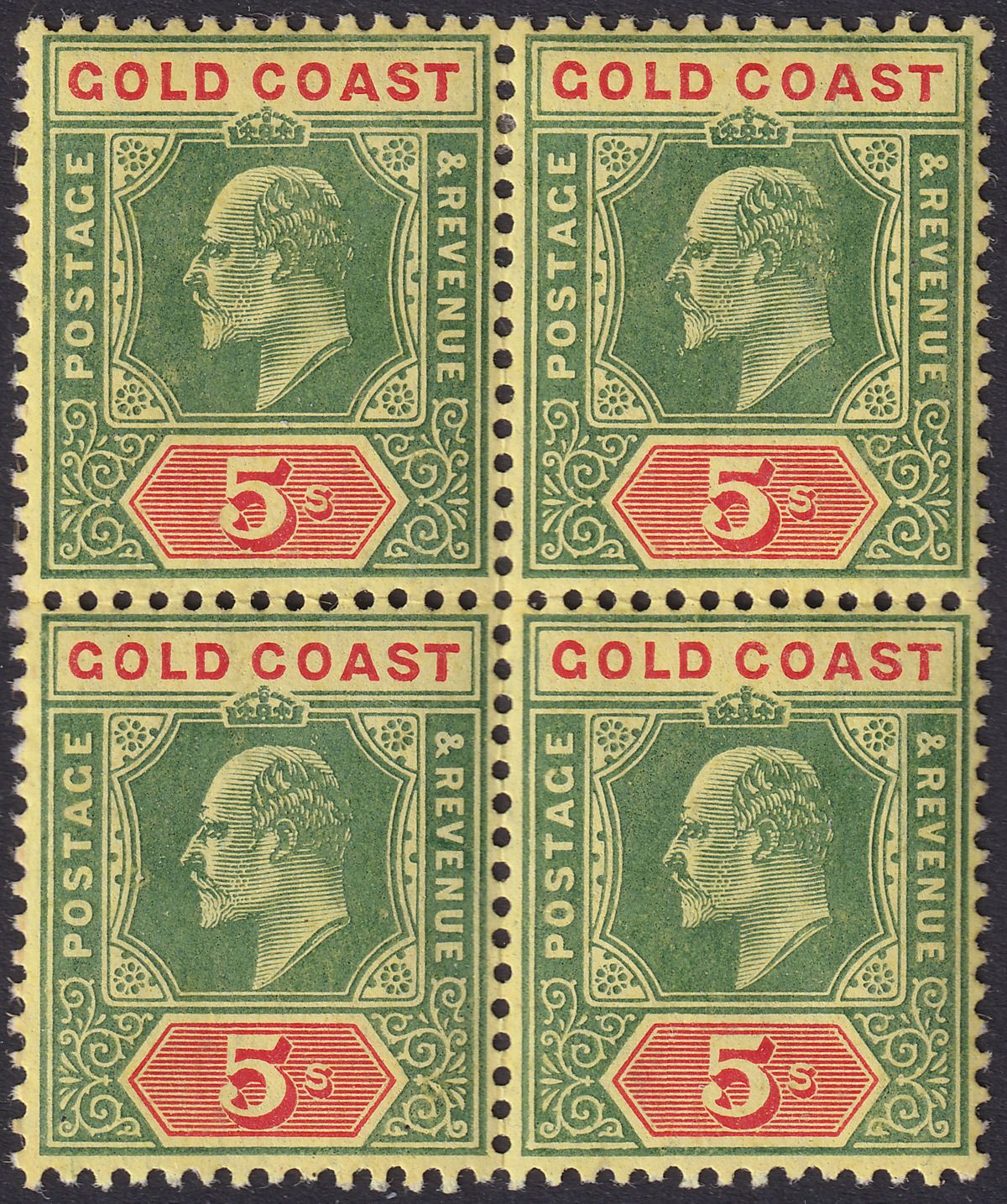 Gold Coast 1913 KEVII 5sh Green and Red on Yellow Block of 4 Mint SG68 cat £360