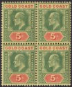 Gold Coast 1913 KEVII 5sh Green and Red on Yellow Block of 4 Mint SG68 cat £360