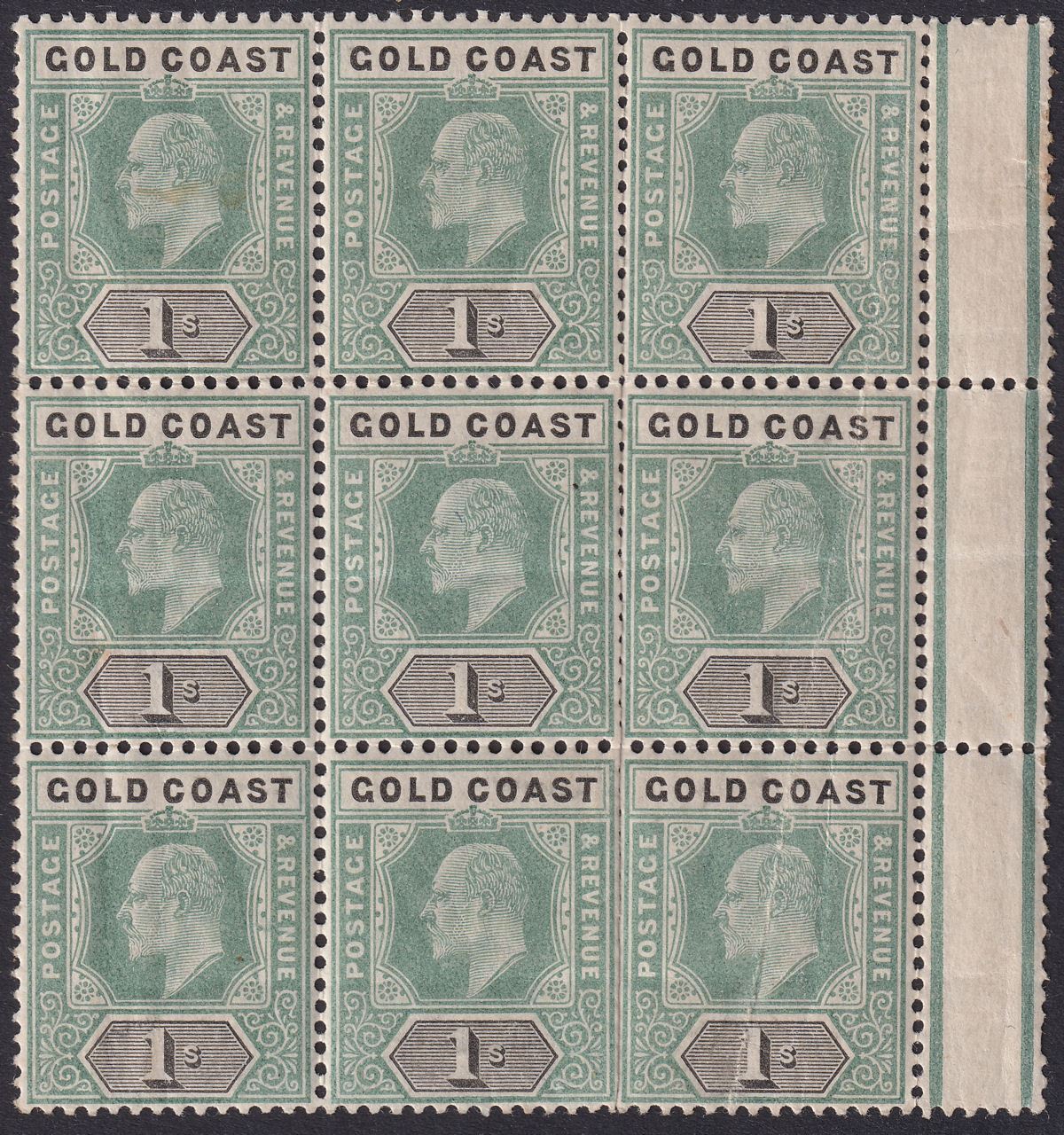 Gold Coast 1902 KEVII 1sh Green and Black Marginal Block of 9 Mint SG44 FAULTS