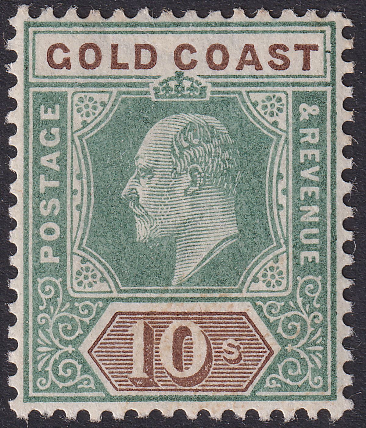 Gold Coast 1902 KEVII 10sh Green and Brown Mint SG47 cat £100 tone mark