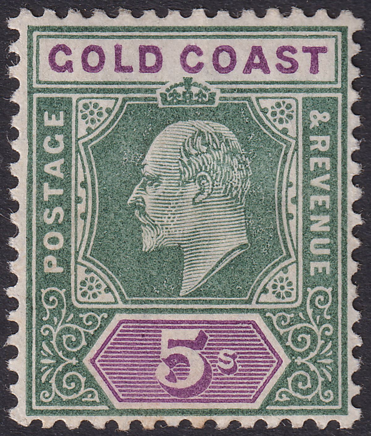 Gold Coast 1902 KEVII 5sh Green and Mauve Mint SG46 cat £80
