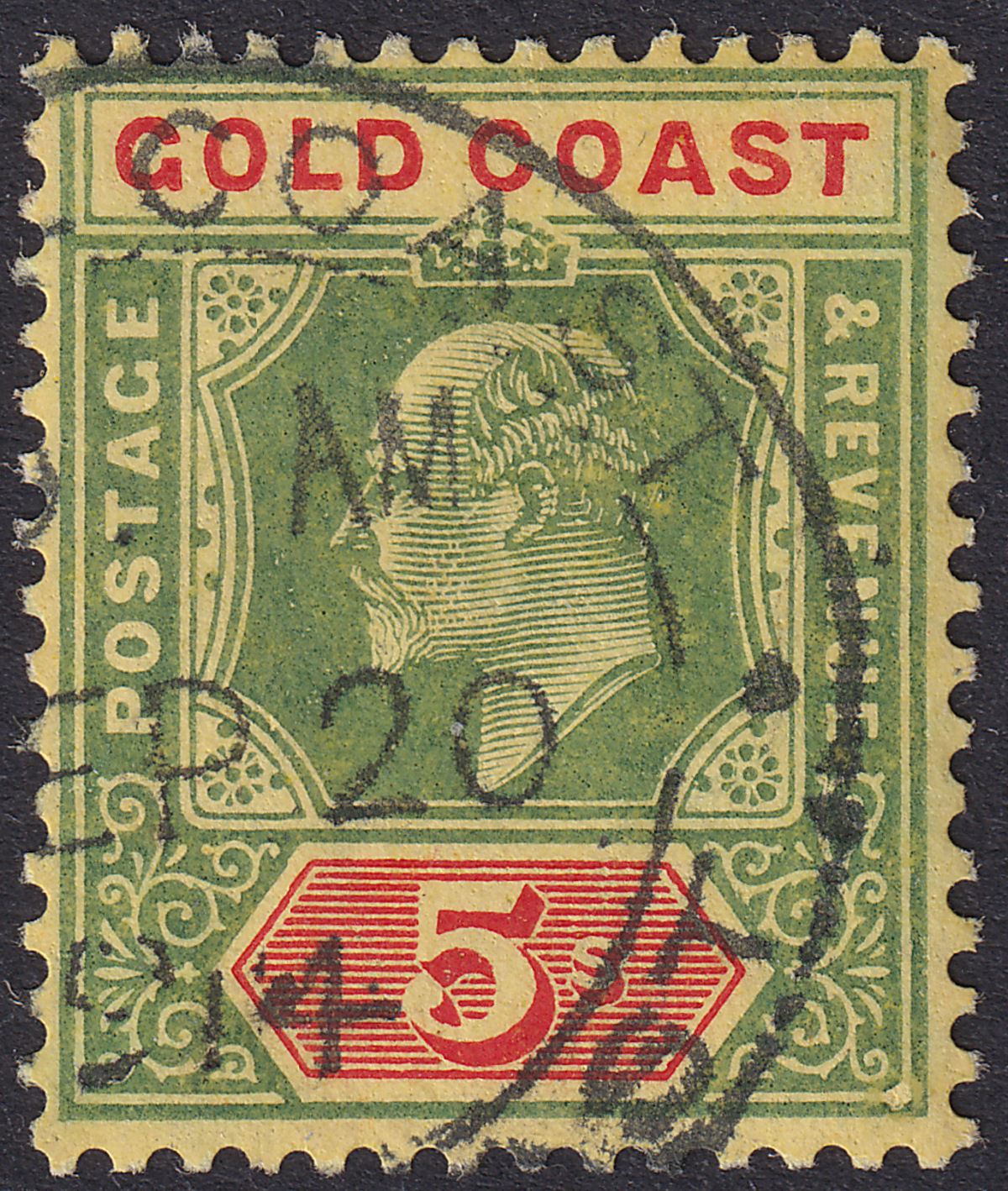 Gold Coast 1913 KEVII 5sh Green and Red on Yellow Used SG68 cat £300