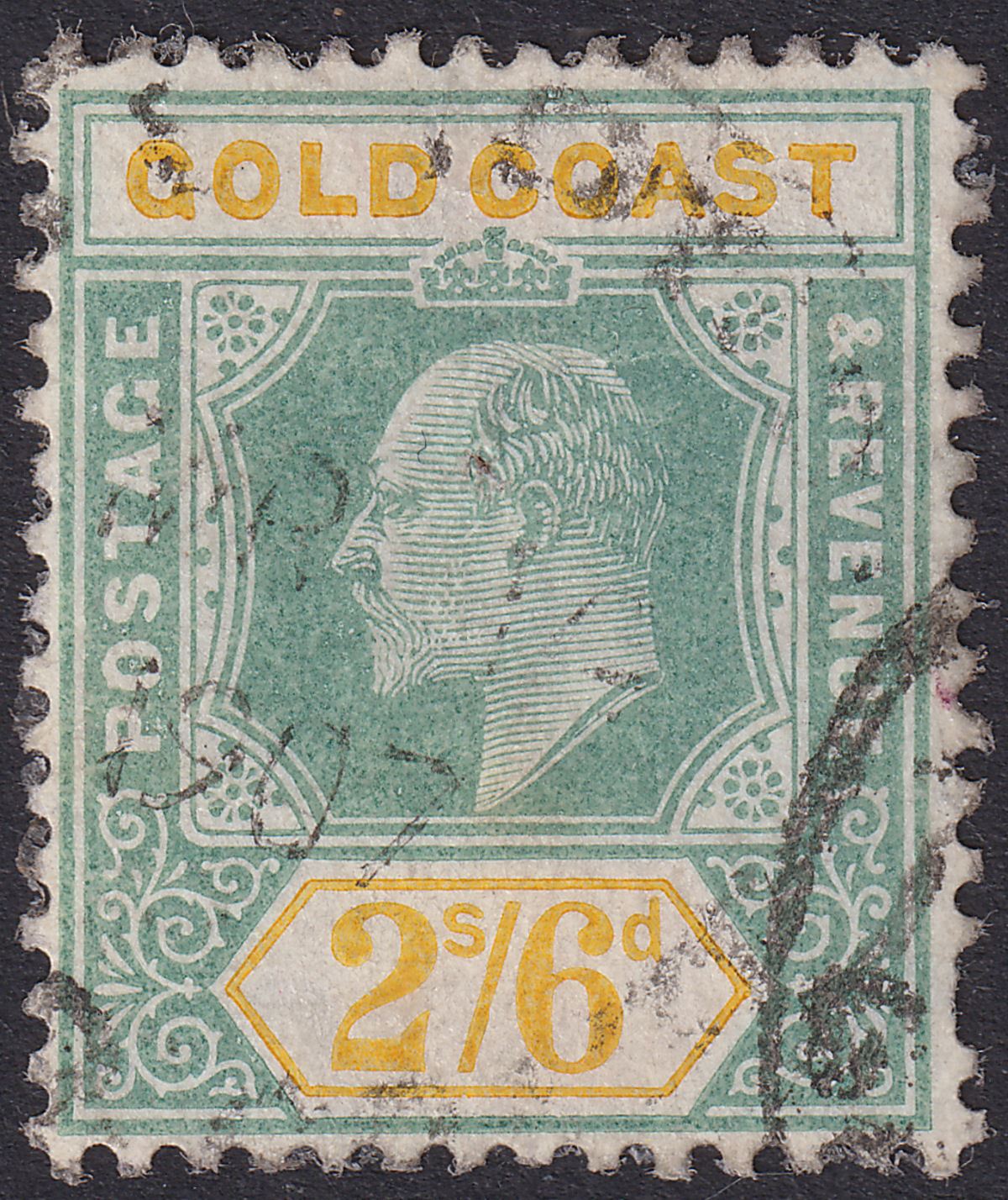 Gold Coast 1906 KEVII 2sh6d Green and Yellow Used SG57 cat £180 perf fault