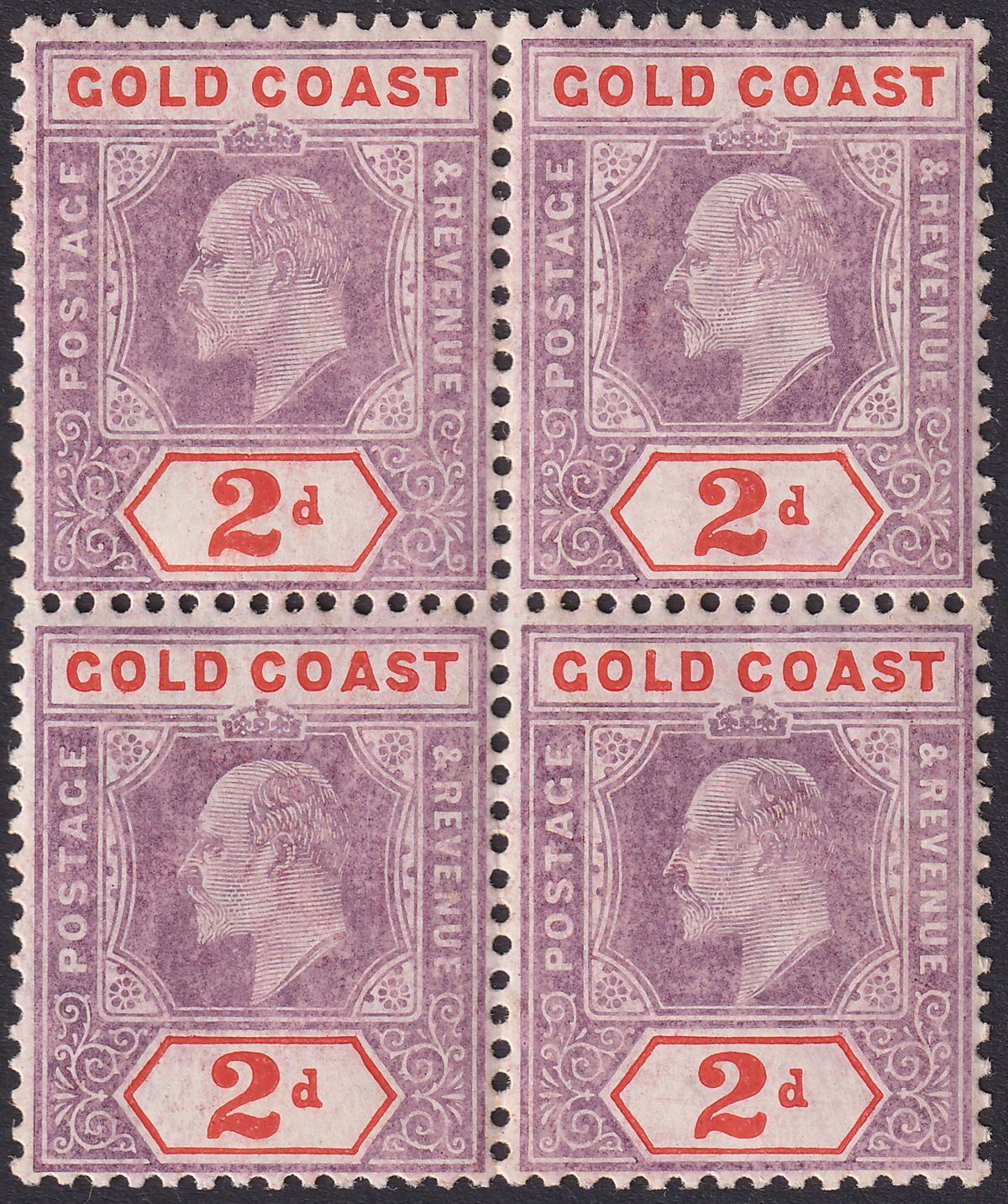 Gold Coast 1906 KEVII 2d Dull Purple + Or-Red Chalky Block of 4 Mint SG51a c£160