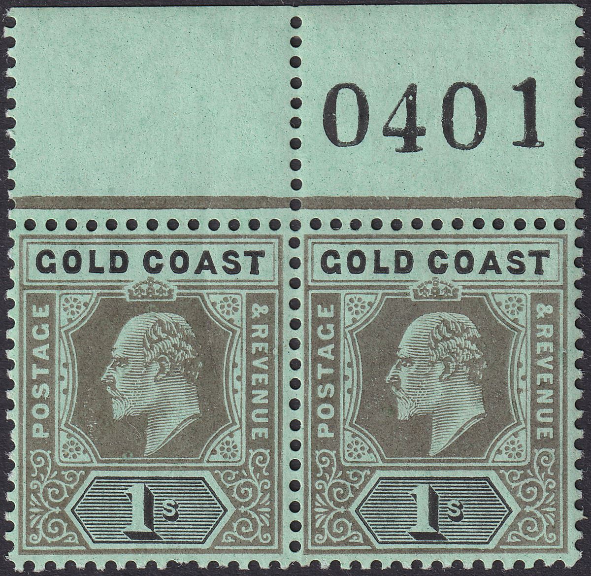 Gold Coast 1909 KEVII 1sh Black on Green Sheet Number Pair Mint SG65 cat £58