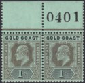 Gold Coast 1909 KEVII 1sh Black on Green Sheet Number Pair Mint SG65 cat £58