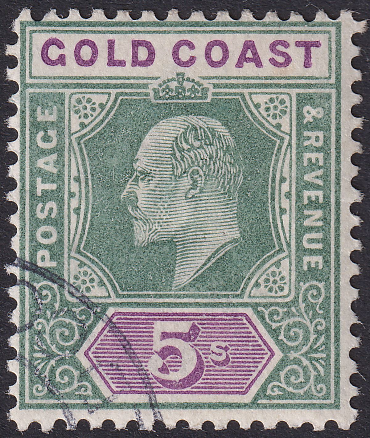 Gold Coast 1902 KEVII 5sh Green and Mauve Used* SG46 bogus postmark