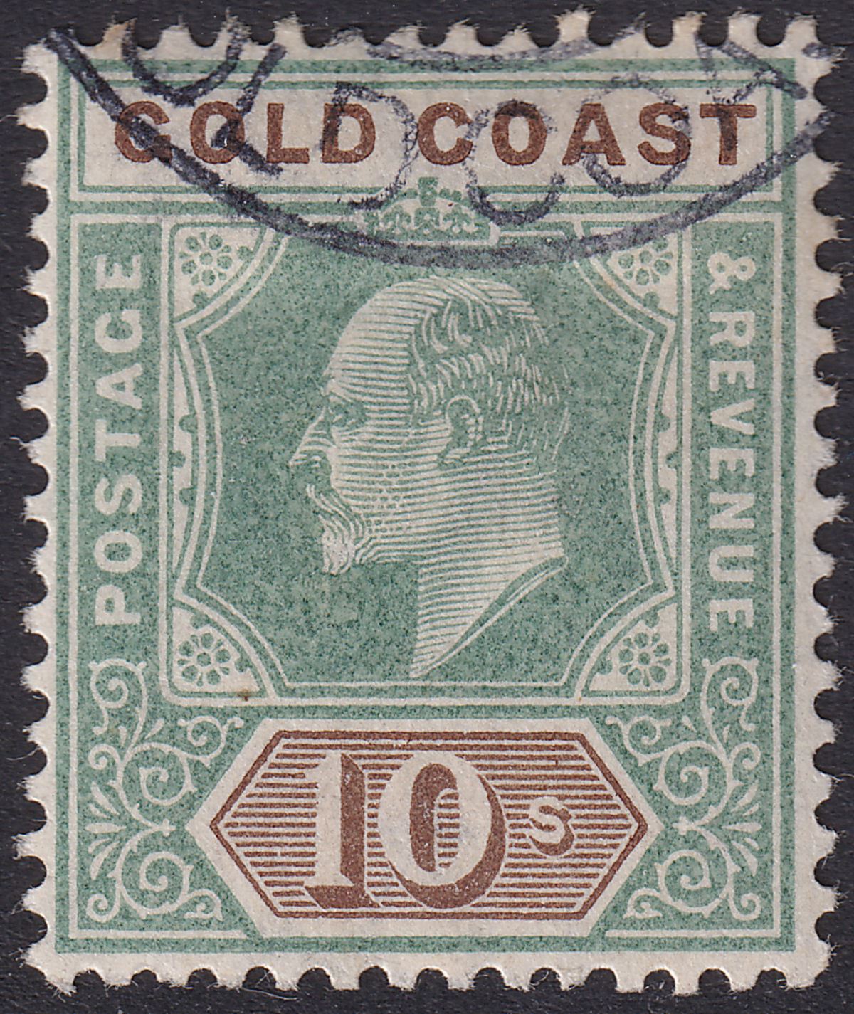 Gold Coast 1902 KEVII 10sh Green and Brown Used* SG47 bogus postmark