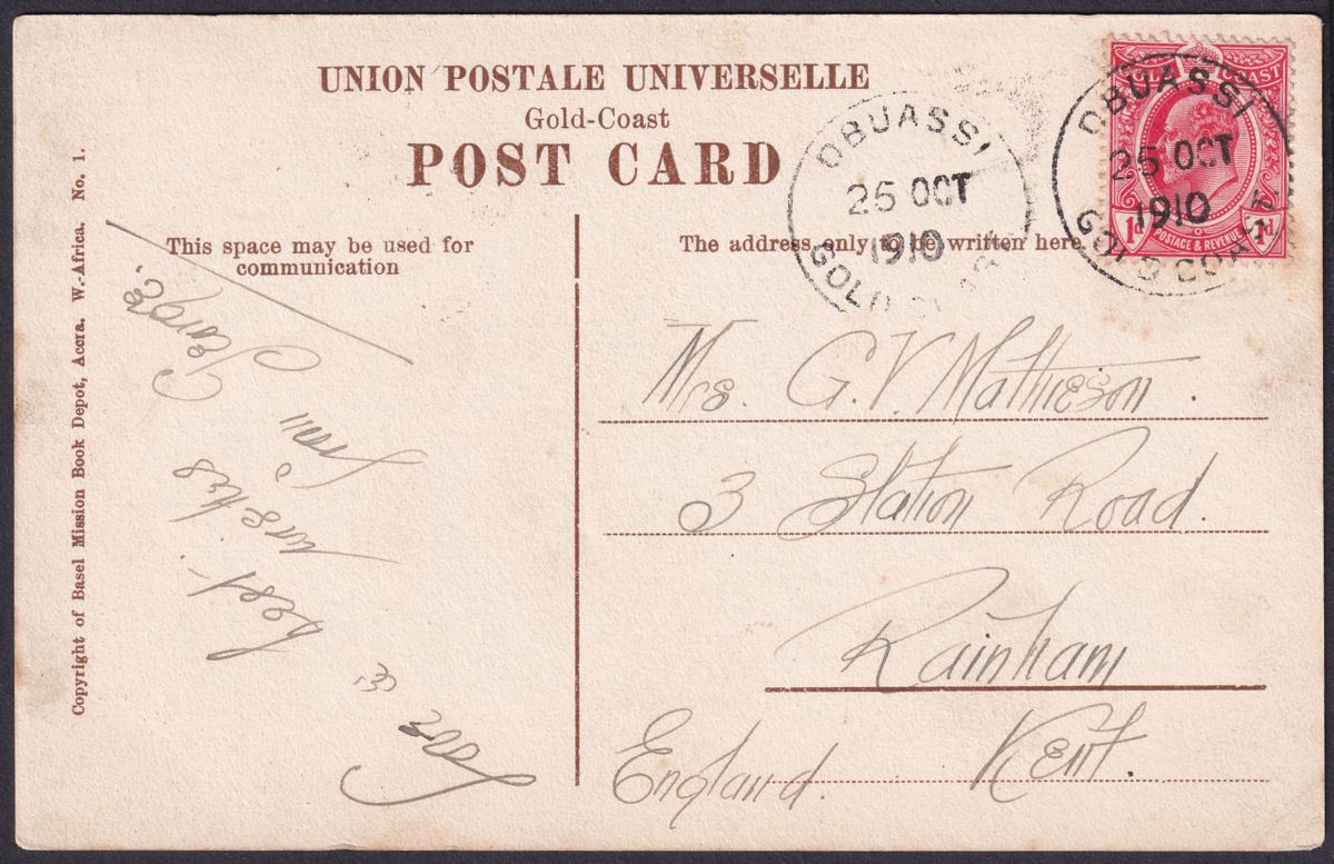 Gold Coast 1910 KEVII 1d Used on Picture Postcard to UK with OBUASSI Postmarks