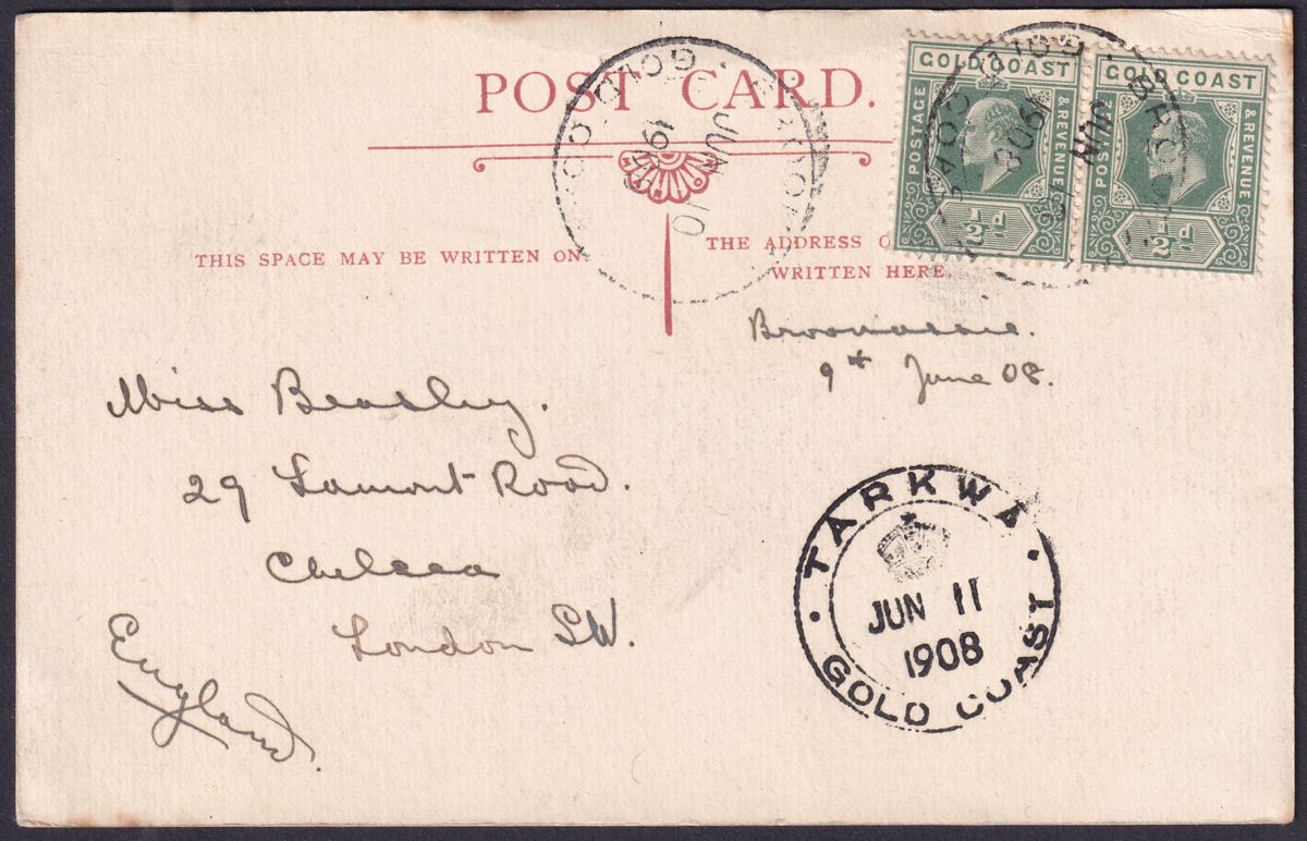 Gold Coast 1908 KEVII ½d x2 Used on Picture Postcard to UK w BROOMASSI Postmarks