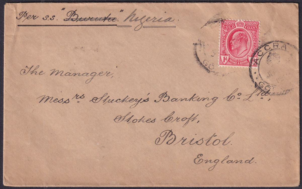 Gold Coast 1910 KEVII 1d Used on Cover Accra Crown Postmark to Bristol, England