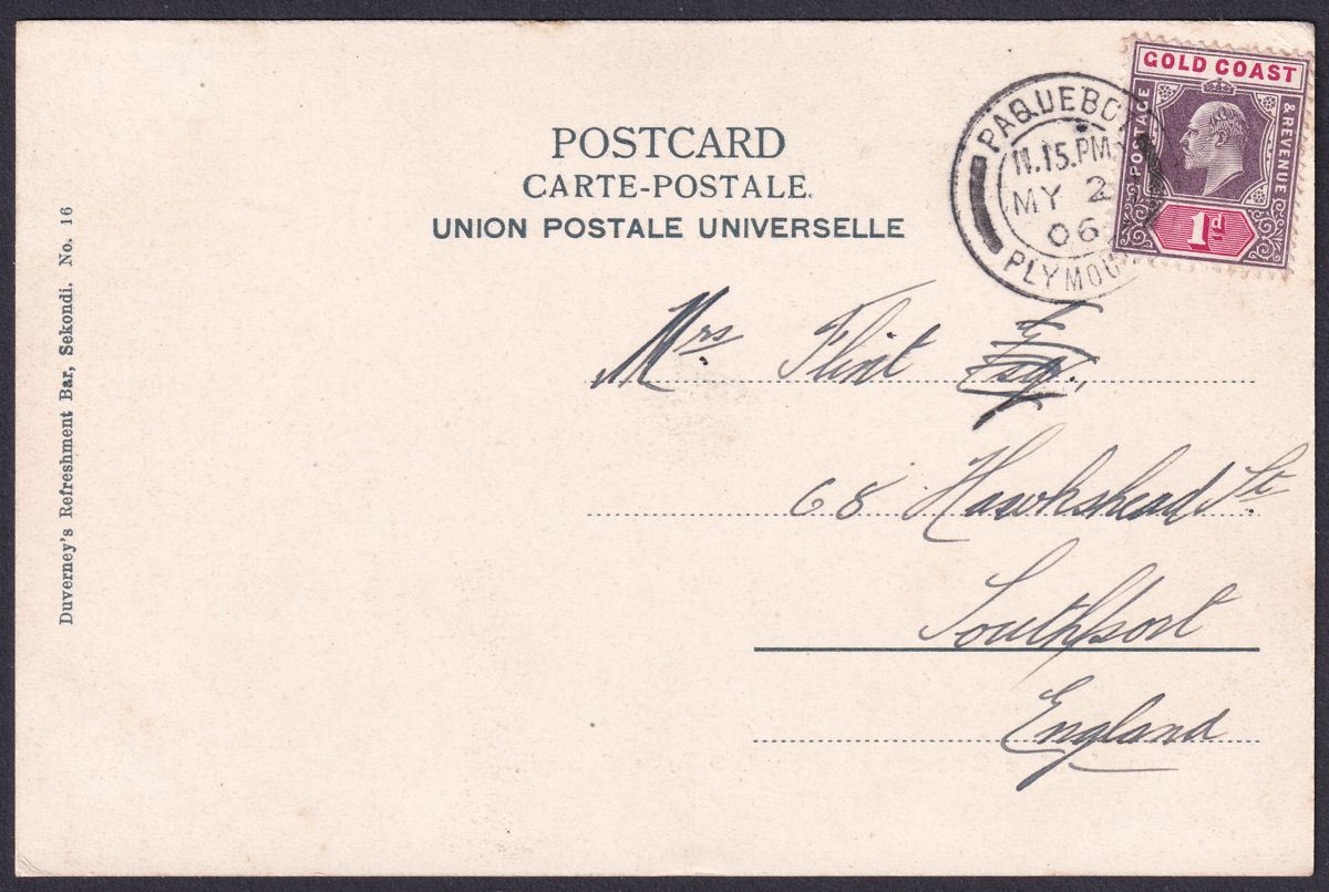 Gold Coast 1906 KEVII 1d Used Picture Postcard to UK PAQUEBOT Plymouth Postmark