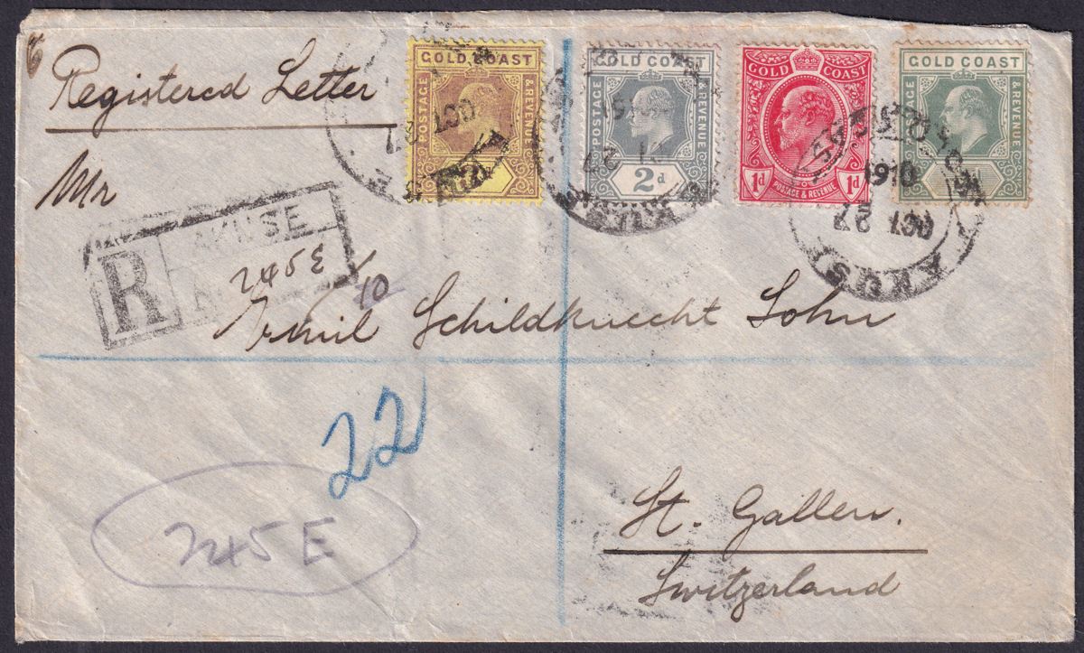 Gold Coast 1910 KEVII 3d 2d 1d ½d Used on Registered Cover AKUSE to Switzerland