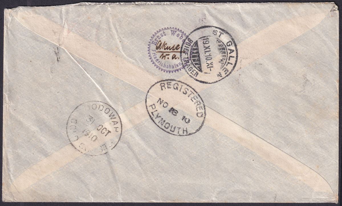 Gold Coast 1910 KEVII 3d 2d 1d ½d Used on Registered Cover AKUSE to Switzerland