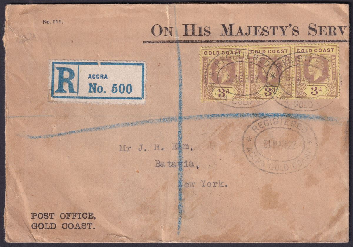 Gold Coast 1922 KGV 3d Die II x3 Used on Official Reg Cover Accra to New York