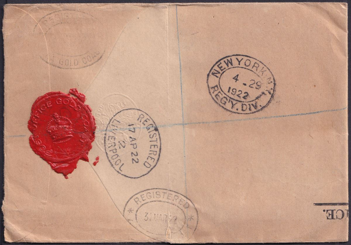 Gold Coast 1922 KGV 3d Die II x3 Used on Official Reg Cover Accra to New York