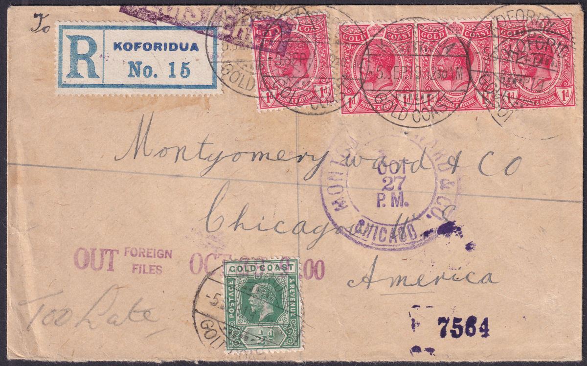 Gold Coast 1919 KGV 1d x 4 + ½d Used on Registered Cover KOFORIDUA to USA